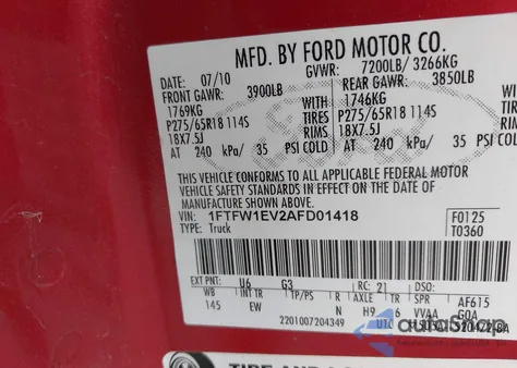 2010 Ford F-150 Fx4/Harley-Davidson/King Ranch/Lariat/Platinum/Xl/Xlt from USA, damaged, VIN 1FTFW1EV2AFD01418